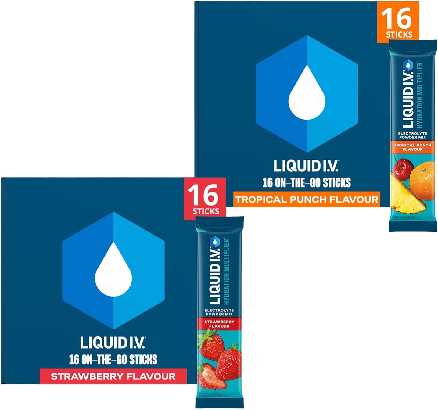 Liquid I.V. Electrolyte Powder Sachets I 32 Sticks (£1 Per Stick) I Strawberry & Tropical Punch Bundle | On-The-Go Hydration