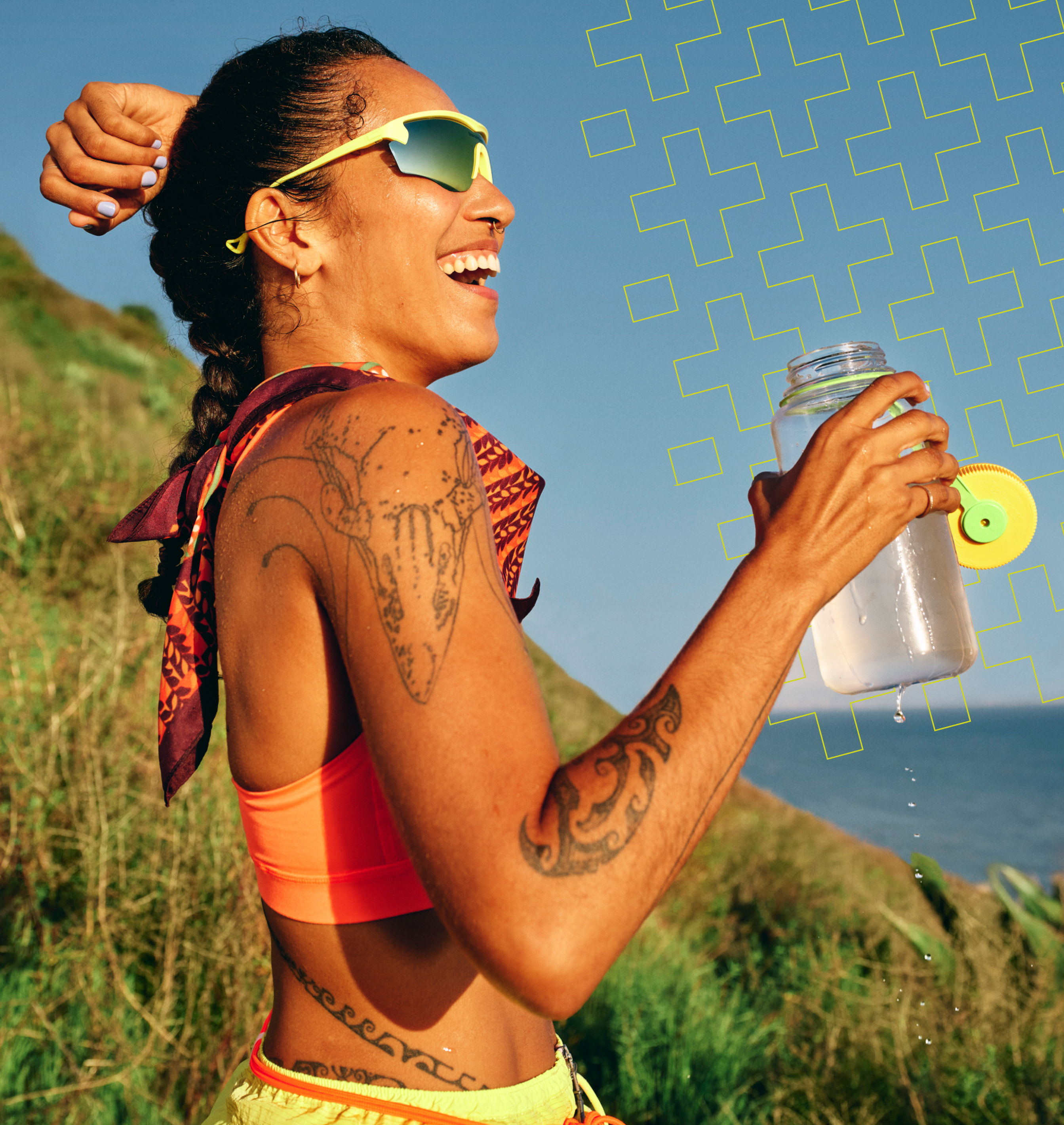 Women in running clothing drinking Liquid IV Electrolyte Powder